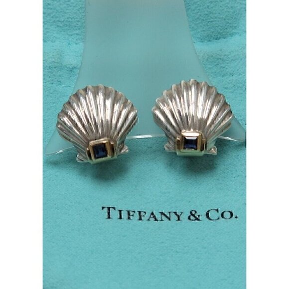 Tiffany & Co Vintage Sterling Silver 14kt Gold Sapphire Shell Earrings - Picture 2 of 6